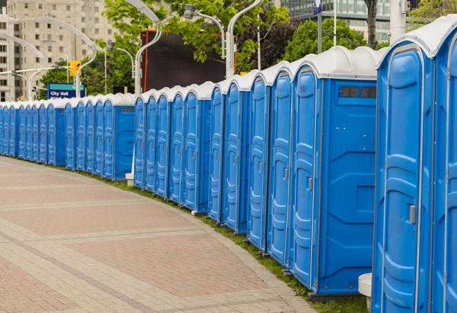 a line of portable restrooms at an outdoor wedding, catering to guests with style and comfort in Beaver Dam